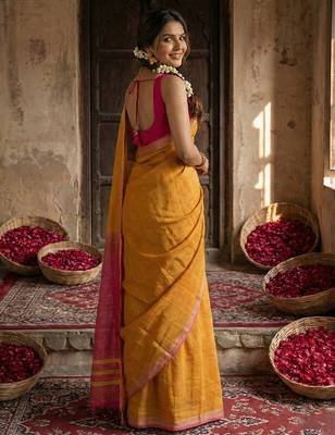 gold color cotton solid saree with blouse 2