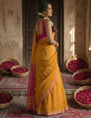 gold color cotton solid saree with blouse 3