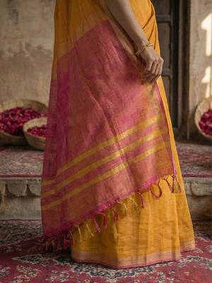 gold color cotton solid saree with blouse 4
