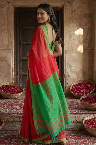 pink color cotton solid saree with blouse