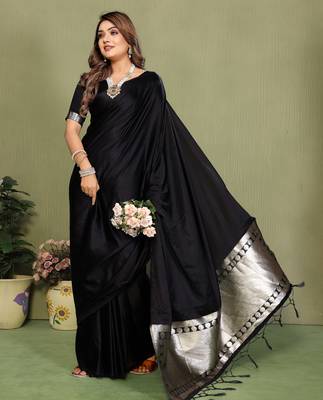 Black Color Hand Dyed With Zari Woven Satin Silk Saree 3