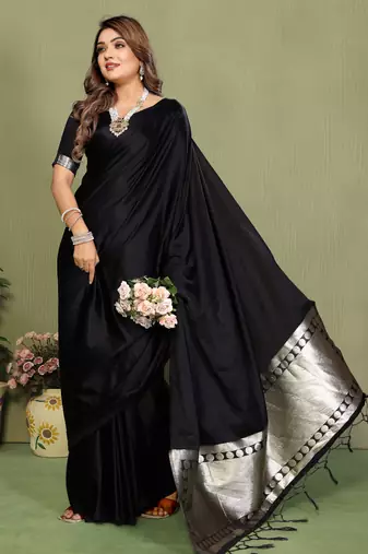 Black Color Hand Dyed With Zari Woven Satin Silk Saree