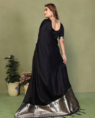 Black Color Hand Dyed With Zari Woven Satin Silk Saree 4