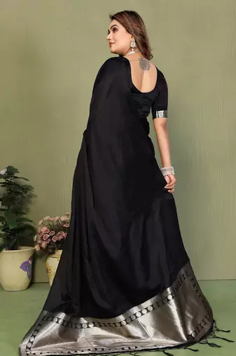 Black Color Hand Dyed With Zari Woven Satin Silk Saree