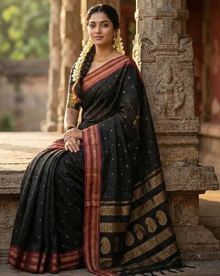 The midnight luxurious black soft silk blend saree with magenta & gold zari border 2