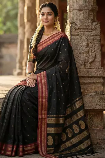 The midnight luxurious black soft silk blend saree with magenta & gold zari border