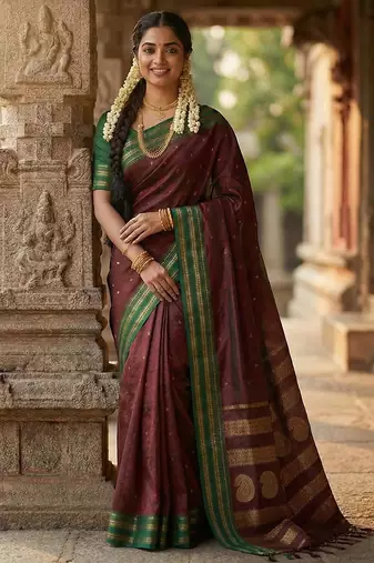 The regal ruby: deep maroon soft silk saree with contrast emerald green border