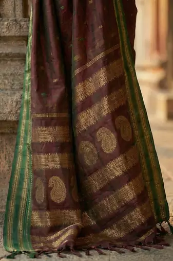 The regal ruby: deep maroon soft silk blend saree with contrast emerald green border