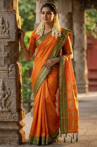 The sunset glow: vibrant orange soft silk saree with contrast green zari border