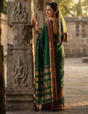 The emerald empress: dark green soft silk blend saree with rich crimson red zari border 4
