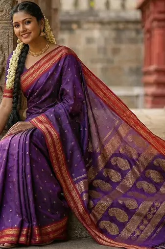 The majestic amethyst: royal purple soft silk blend saree with contrast red zari border