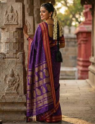 The majestic amethyst: royal purple soft silk blend saree with contrast red zari border 3