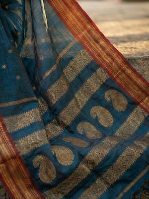 The peacock hue: teal blue soft silk blend saree with contrast red zari border 4