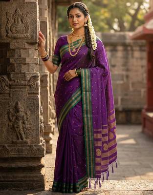 The peacock hue: violet soft silk blend saree with contrast green zari border 1