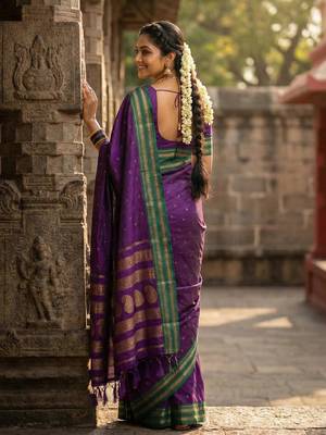 The peacock hue: violet soft silk blend saree with contrast green zari border 2