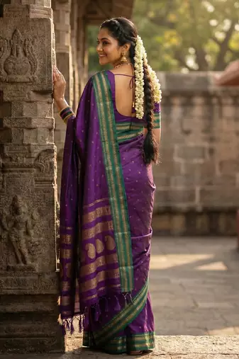 The peacock hue: violet soft silk blend saree with contrast green zari border