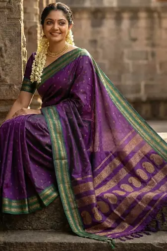 The peacock hue: violet soft silk blend saree with contrast green zari border