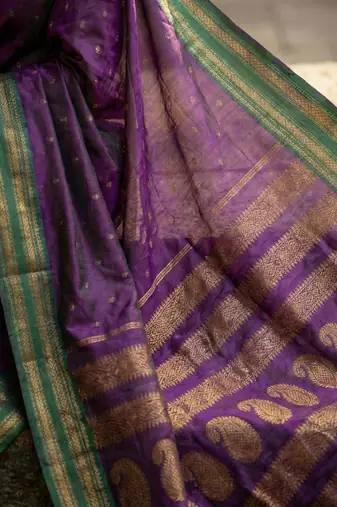 The peacock hue: violet soft silk blend saree with contrast green zari border