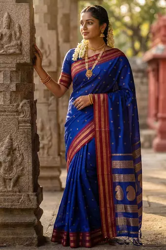 The peacock hue: blue soft silk saree with contrast red zari border
