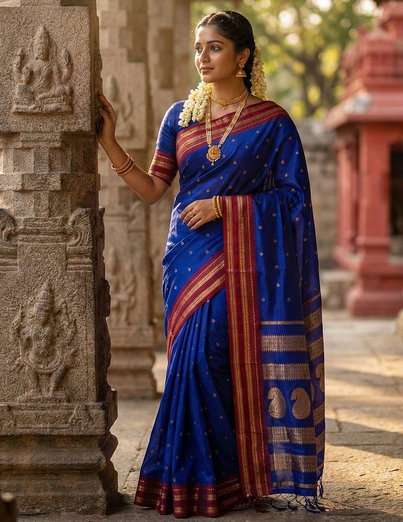 The peacock hue: blue soft silk saree with contrast red zari border