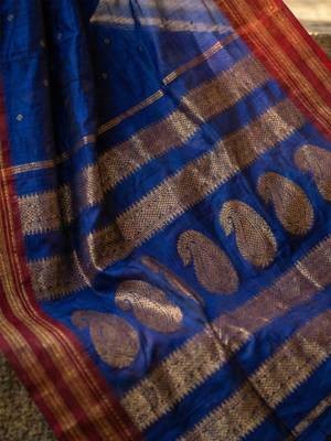 The peacock hue: blue soft silk blend saree with contrast red zari border 4
