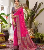 Woven banarasi silk blend saree in magenta pink with grey zari border & blouse piece