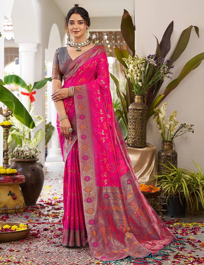 Woven banarasi silk blend saree in magenta pink with grey zari border & blouse piece