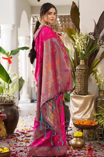 Woven banarasi silk blend saree in magenta pink with grey zari border & blouse piece