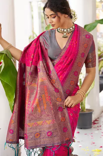 Woven banarasi silk blend saree in magenta pink with grey zari border & blouse piece