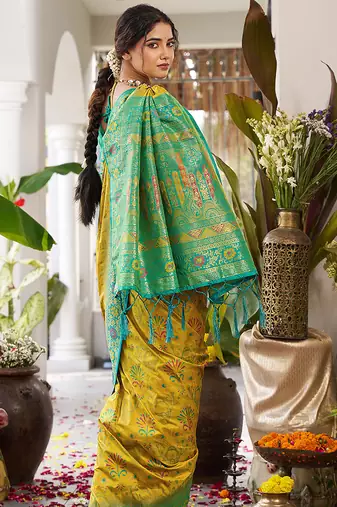Mustard yellow banarasi silk blend saree with sea green border for haldi & festivals