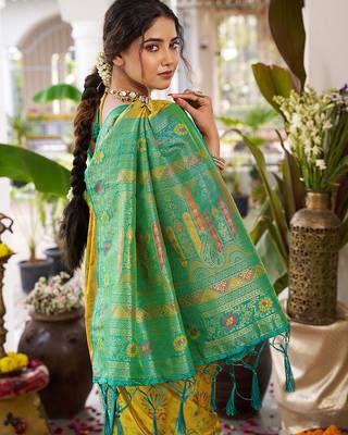 Mustard yellow banarasi silk blend saree with sea green border for haldi & festivals 4