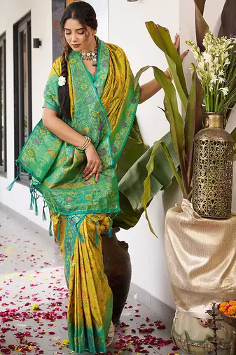 Mustard yellow banarasi silk blend saree with sea green border for haldi & festivals