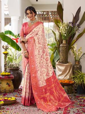 Off-white cream banarasi silk blend saree with red pink zari border & pallu 1