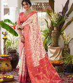 Off-white cream banarasi silk blend saree with red pink zari border & pallu