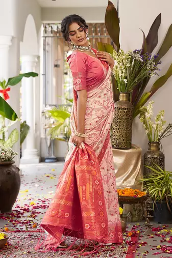 Off-white cream banarasi silk blend saree with red pink zari border & pallu