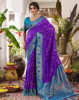 Royal purple banarasi silk blend saree with teal blue contrast border & zari work 1
