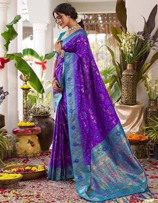 Royal purple banarasi silk blend saree with teal blue contrast border & zari work 2