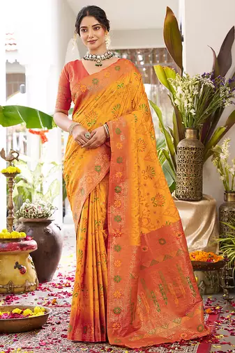 Bright orange banarasi silk blend saree with red border for wedding & festive wear