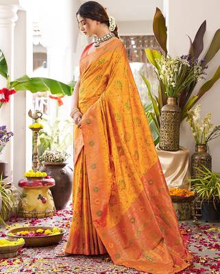 Bright orange banarasi silk blend saree with red border for wedding & festive wear 2