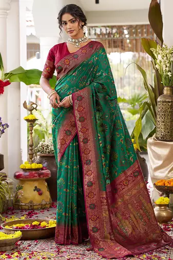 Emerald green banarasi silk blend saree with maroon border & gold zari weaving