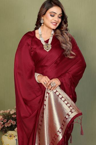 Maroon Color Hand Dyed With Zari Woven Satin Silk Saree