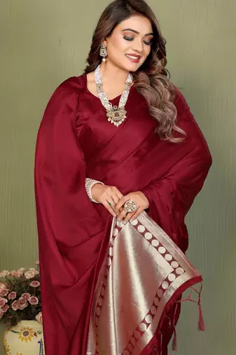 Maroon Color Hand Dyed With Zari Woven Satin Silk Saree