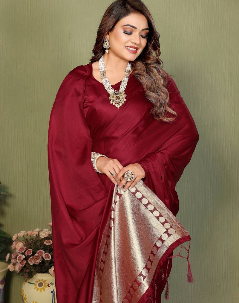 Maroon Color Hand Dyed With Zari Woven Satin Silk Saree
