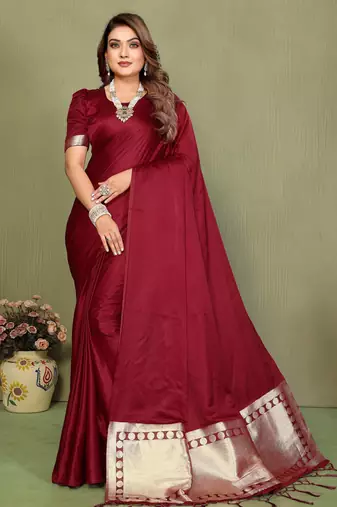 Maroon Color Hand Dyed With Zari Woven Satin Silk Saree