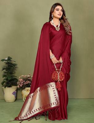 Maroon Color Hand Dyed With Zari Woven Satin Silk Saree 3