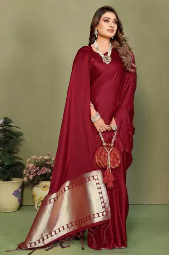 Maroon Color Hand Dyed With Zari Woven Satin Silk Saree