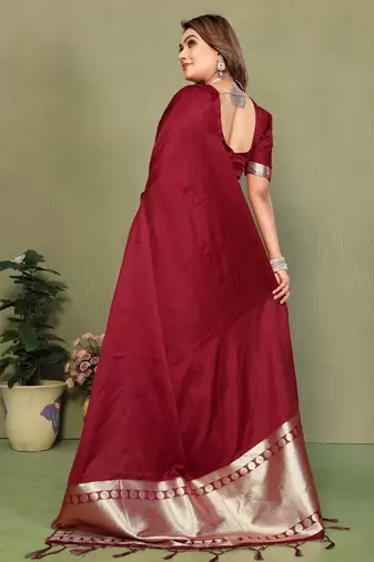 Maroon Color Hand Dyed With Zari Woven Satin Silk Saree