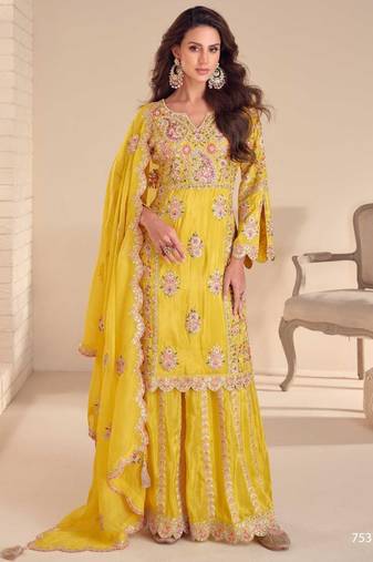 yellow silk shimmer embroidery palazzo suit