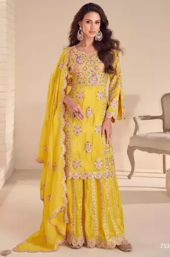 yellow silk shimmer embroidery palazzo suit