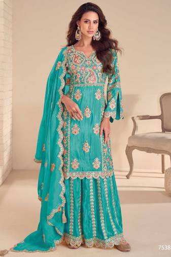 sky blue silk shimmer embroidery palazzo suit
